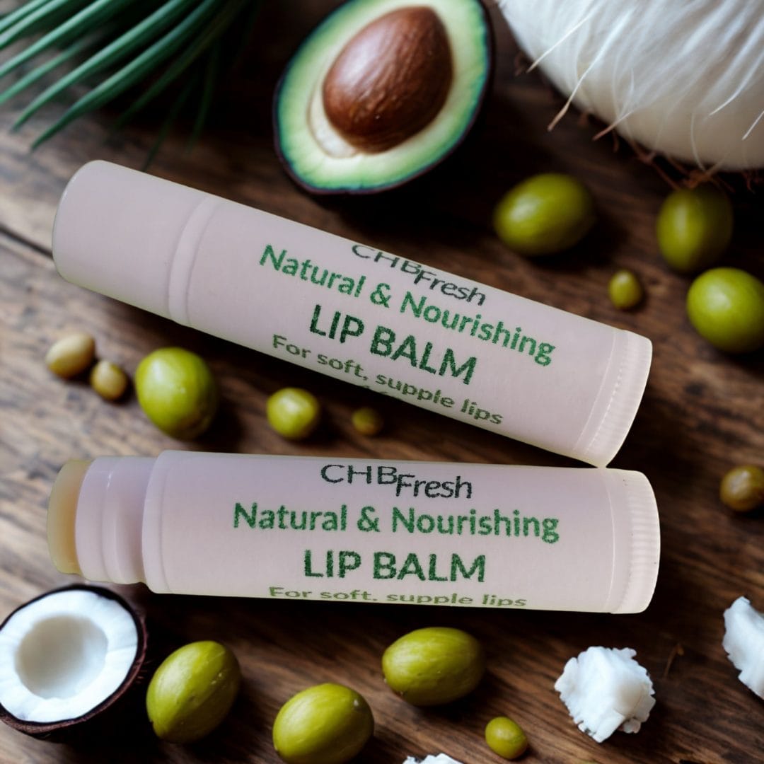 Lip balm on a wooden table with olives, coconut and avocado