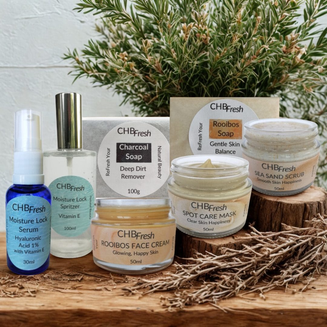 Skin Refresh Kit on wooden shelf with natural elements.