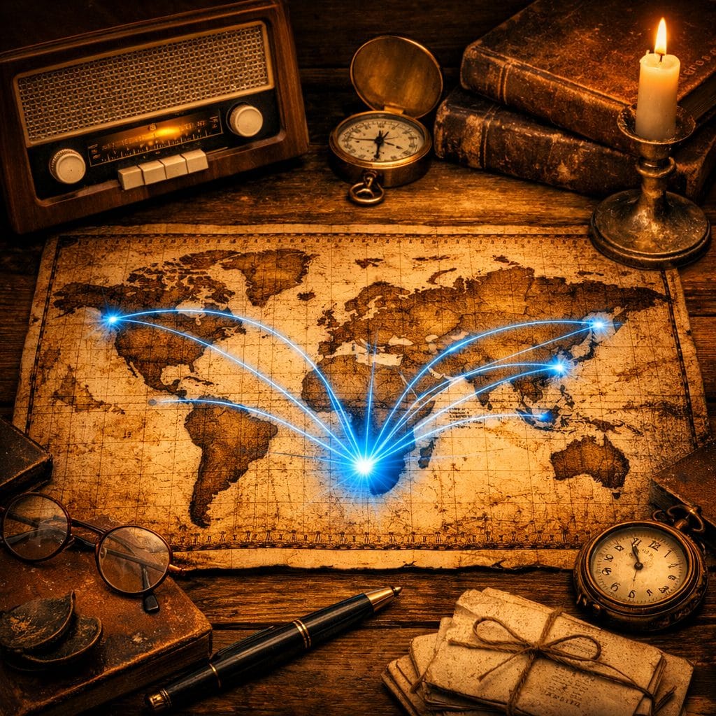 Vintage Reiki map with thin electric blue energy arcs flowing from South Africa to other regions