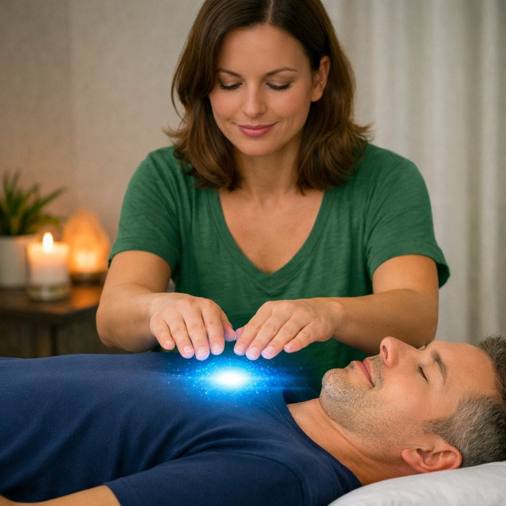 Woman performing reiki over a man's heart chakra