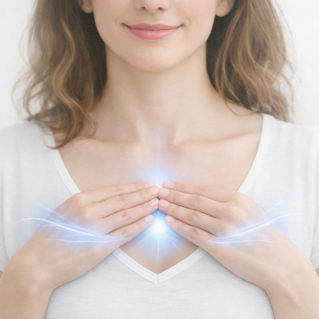 Women with her hands in the reiki self healing position over her heart, with reiki energy flowing. Reiki Self-Healing Crash Course