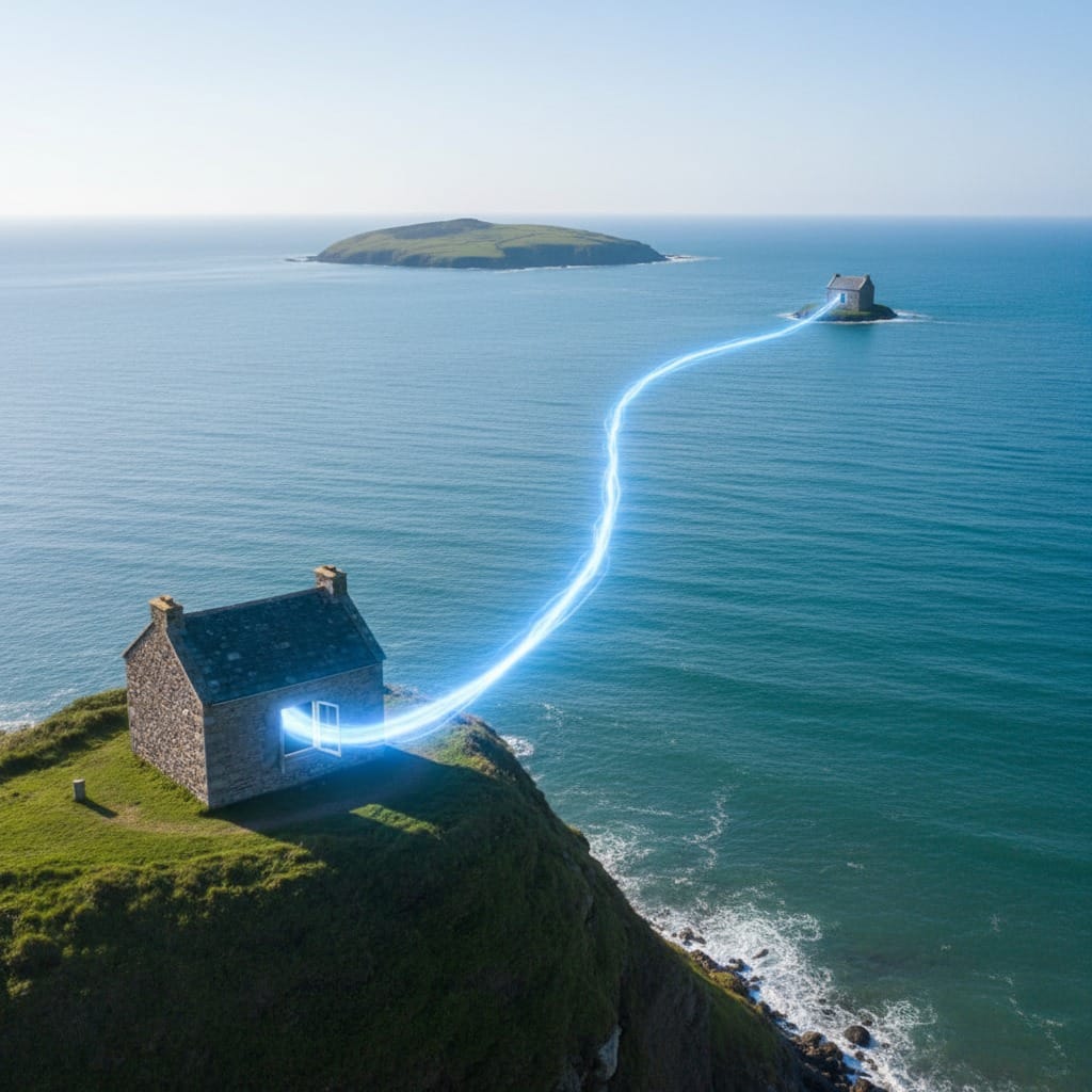 Reiki energy flowing from a small house on a hill to a house on an island. This depicts Reiki Distance Healing Sessions.