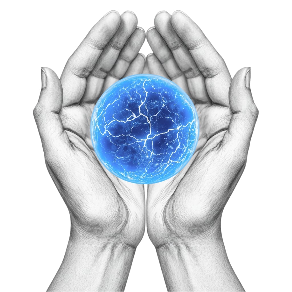 What is Reiki? Two drawn cupped hands with a blue Reiki energy ball in the middle.